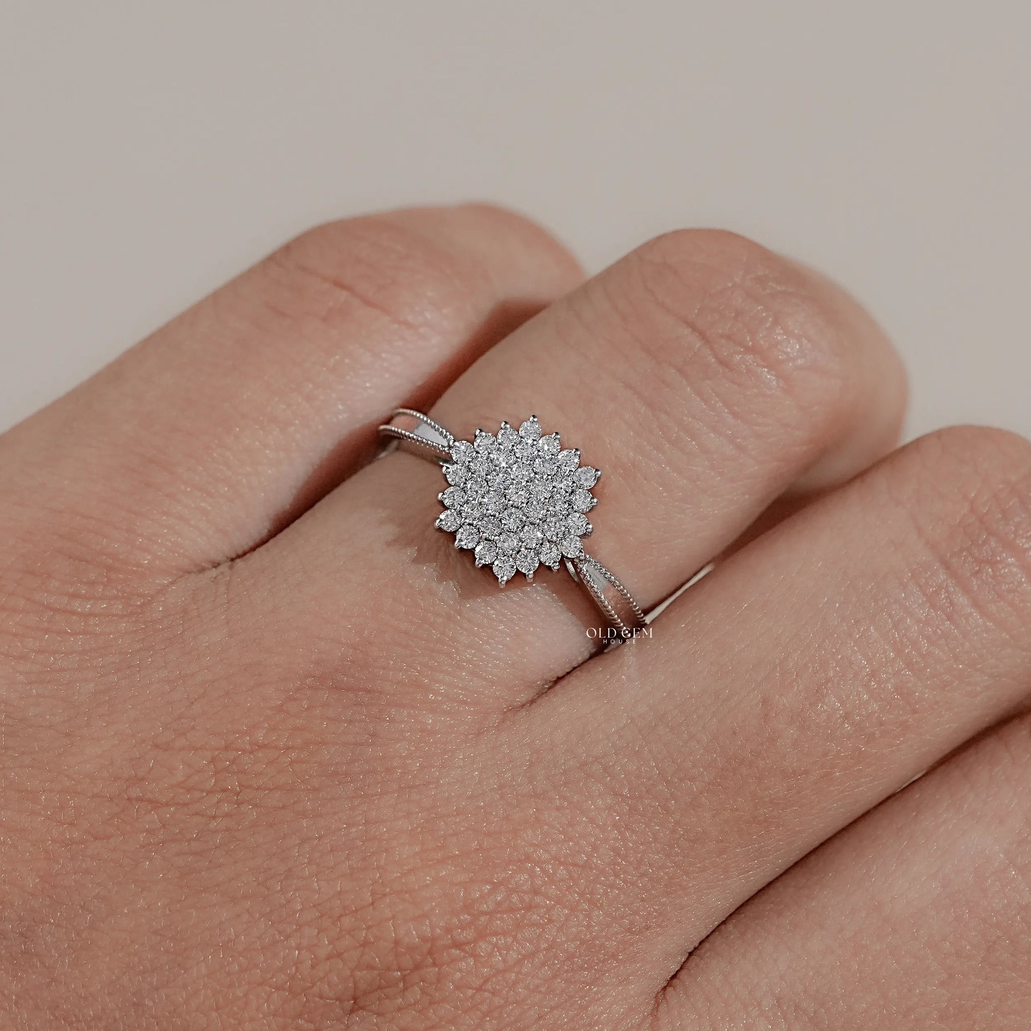 Mid Century Round Diamond Cluster Engagement Ring Engagement Ring