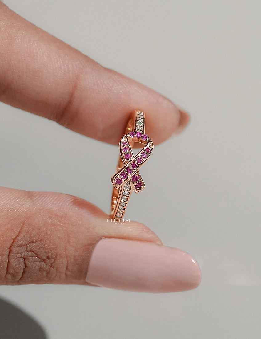 Edwardian Pink Round Gemstone Cancer Ribbon Accent Ring Engagement Ring