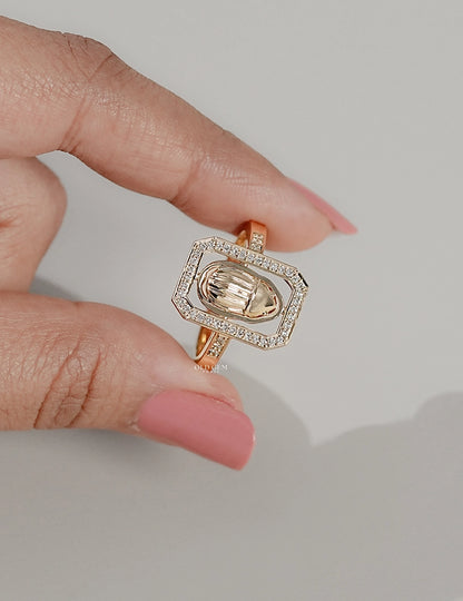 Round Cut Scarab Halo Accent Ring