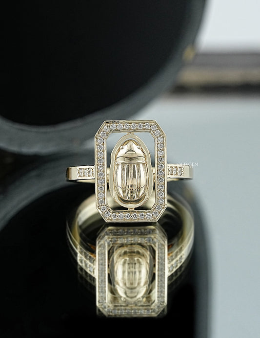 Round Cut Scarab Halo Accent Ring Engagement Ring