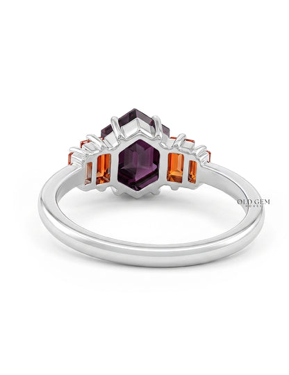 Art Deco Red Gemstone Hexagon Cut Five Stone Ring