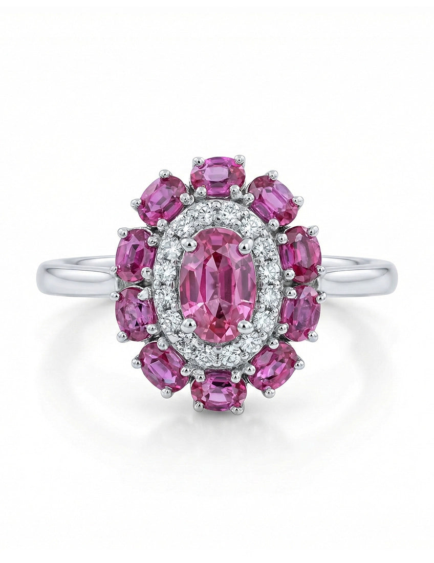 Art Deco Oval Ruby Gemstone Double Halo Engagement Ring