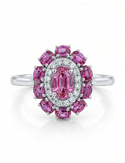 Art Deco Oval Ruby Gemstone Double Halo Engagement Ring