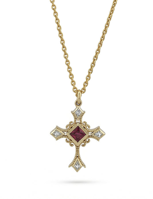 Red Gemstone Princess Cut Criss Cross Pendant Necklaces