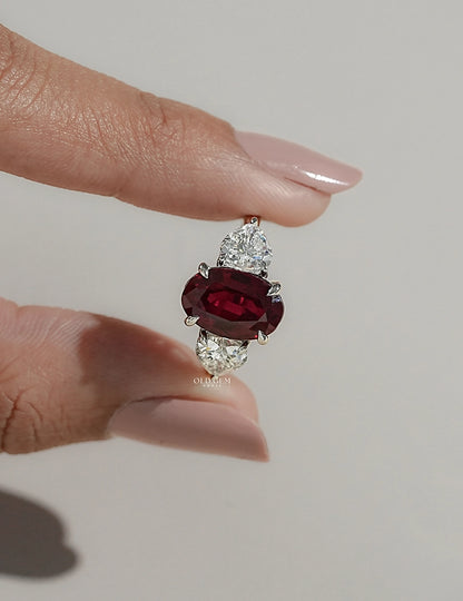 Ruby Gemstone Moval Cut Three-Stone Engagement Ring