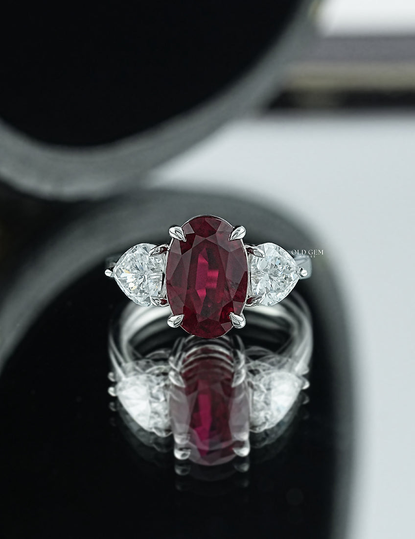 Ruby Gemstone Moval Cut Three-Stone Engagement Ring