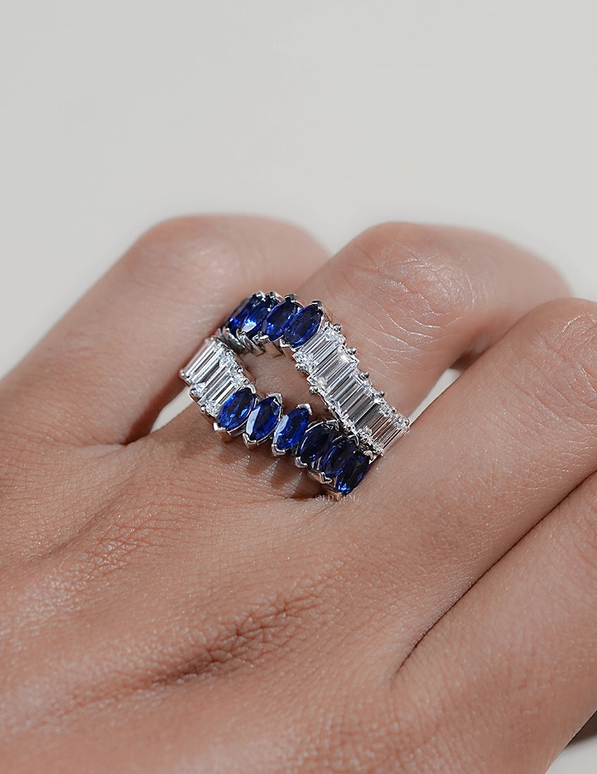 Double Row Marquise Blue Sapphire Gemstone Enhancer Ring Wedding Band