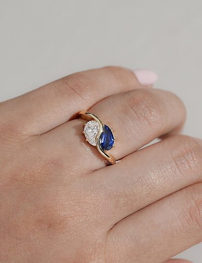 Two Stone Sapphire Modified Pear Gemstone Curved Ring Engagement Ring