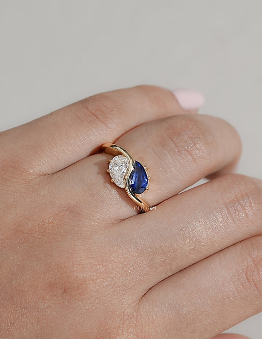 Two Stone Sapphire Modified Pear Gemstone Curved Ring Engagement Ring