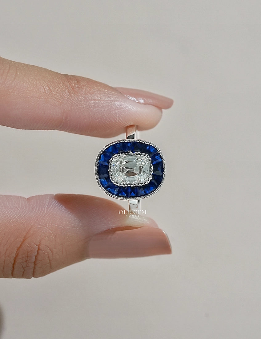 Art Deco Old Mine Cushion Cut Blue Sapphire Halo Ring Engagement Ring