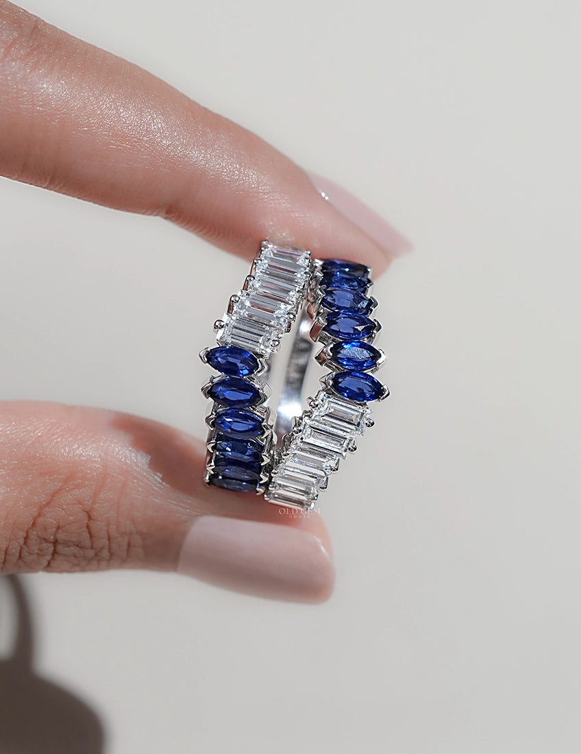 Double Row Marquise Blue Sapphire Gemstone Enhancer Ring Wedding Band