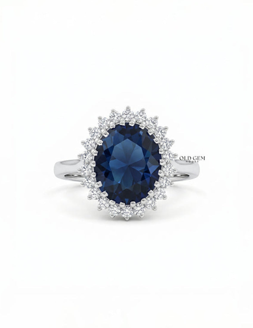Art Deco Sapphire Oval Gemstone Halo Engagement Ring Engagement Ring
