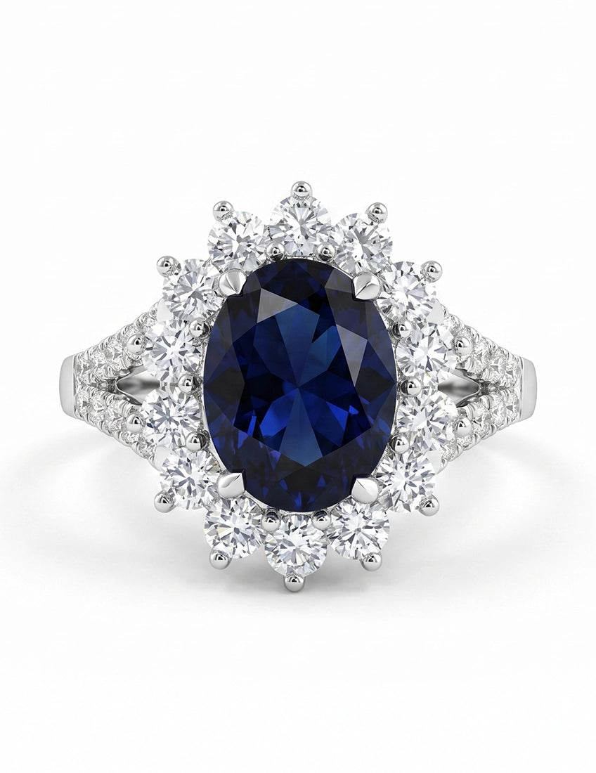 Retro Blue Sapphire Oval Cut Halo Accent Ring