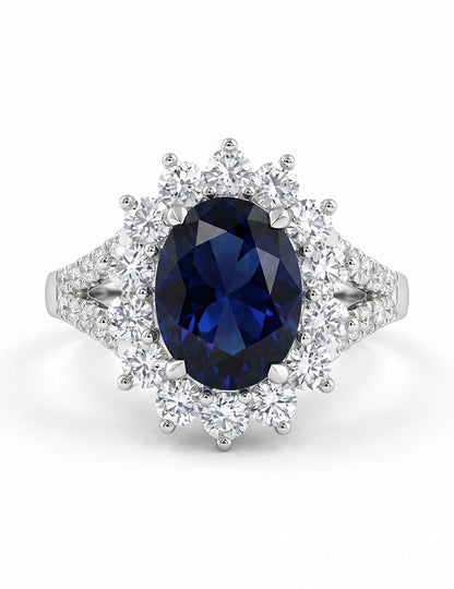 Retro Blue Sapphire Oval Cut Halo Accent Ring