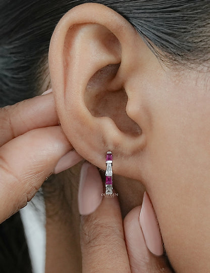 Tapped Baguette Cut Pink Gemstone And Lab Diamond Huggie Hoop