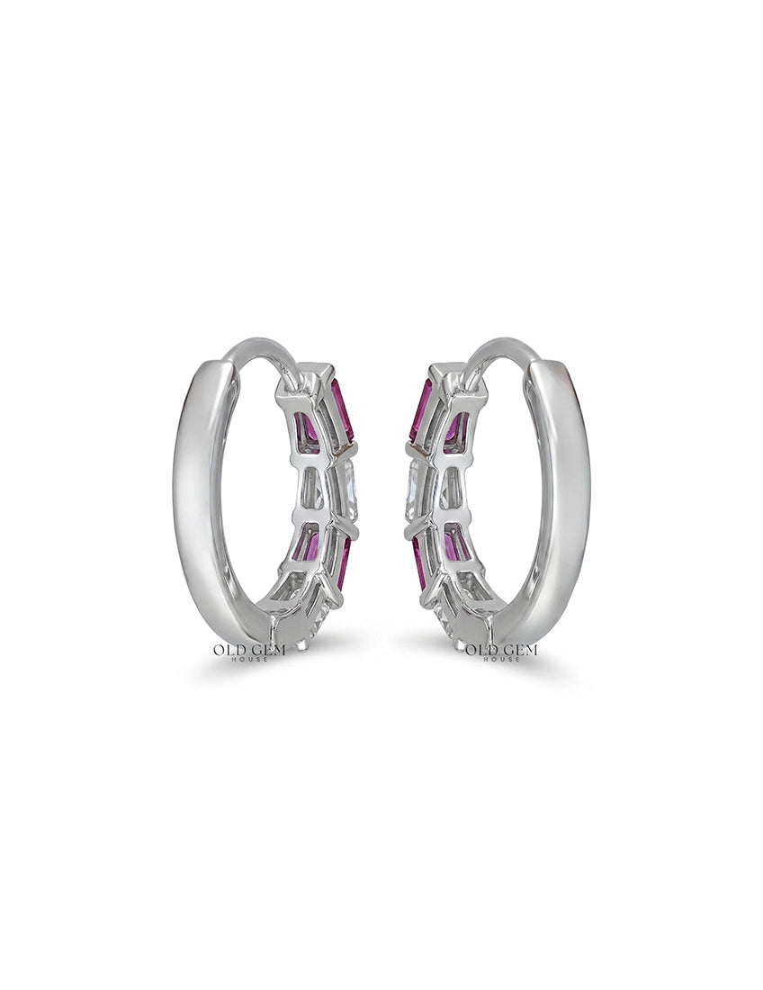 Tappered Baguette Cut Pink Gemstone Hoop Earring Earrings