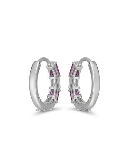 Tappered Baguette Cut Pink Gemstone Hoop Earring Earrings