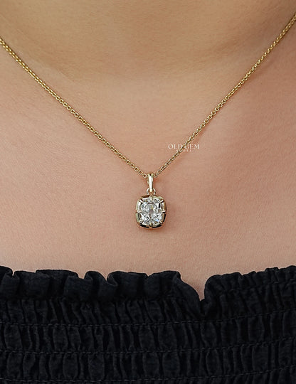 Vintage Style Square Old Mine Cushion Diamond Pendant Necklaces