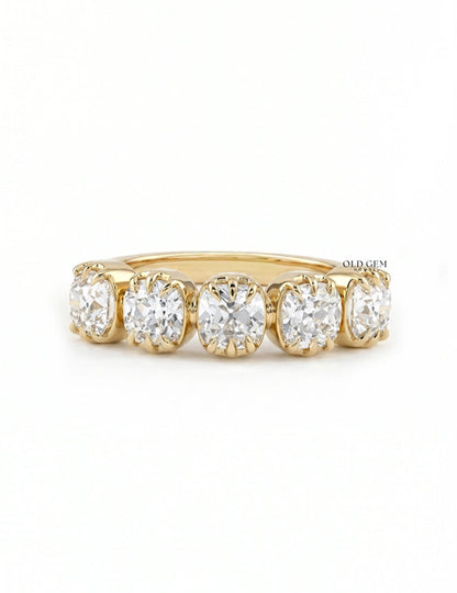 Georgian Square Old Mine Cushion Lab Diamond Five Stone Ring Wedding Band