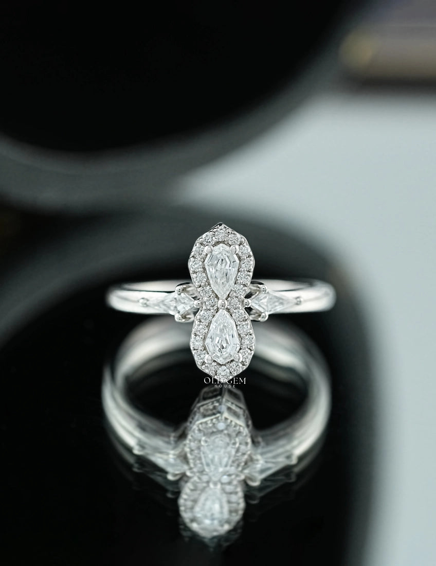 Step Cut Pear Lab Diamond Halo Ring Engagement Ring