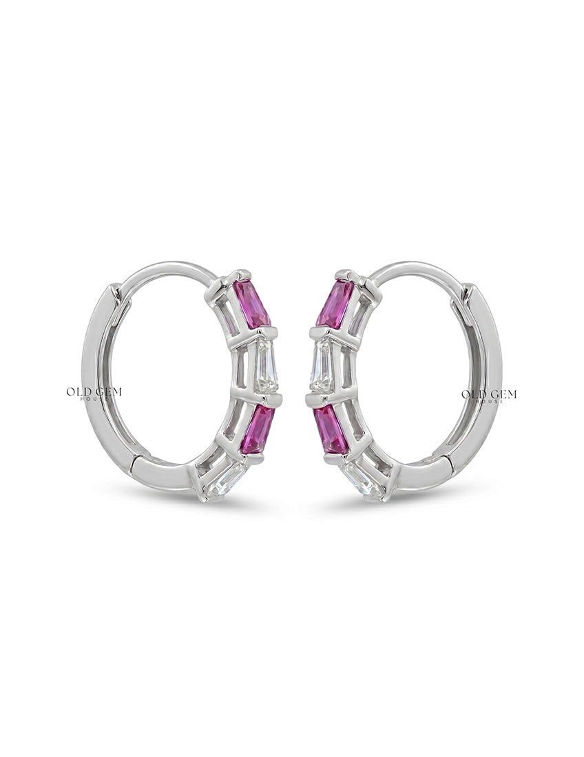 Tappered Baguette Cut Pink Gemstone Hoop Earring Earrings