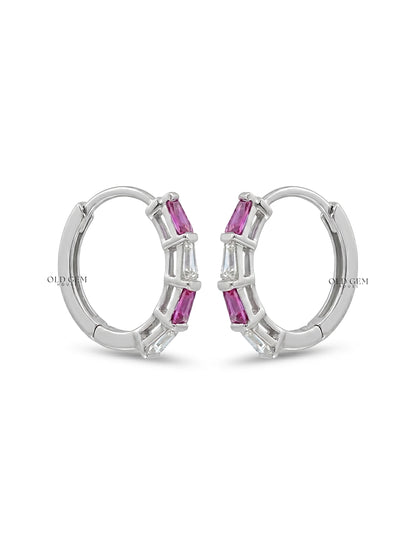 Tappered Baguette Cut Pink Gemstone Hoop Earring Earrings