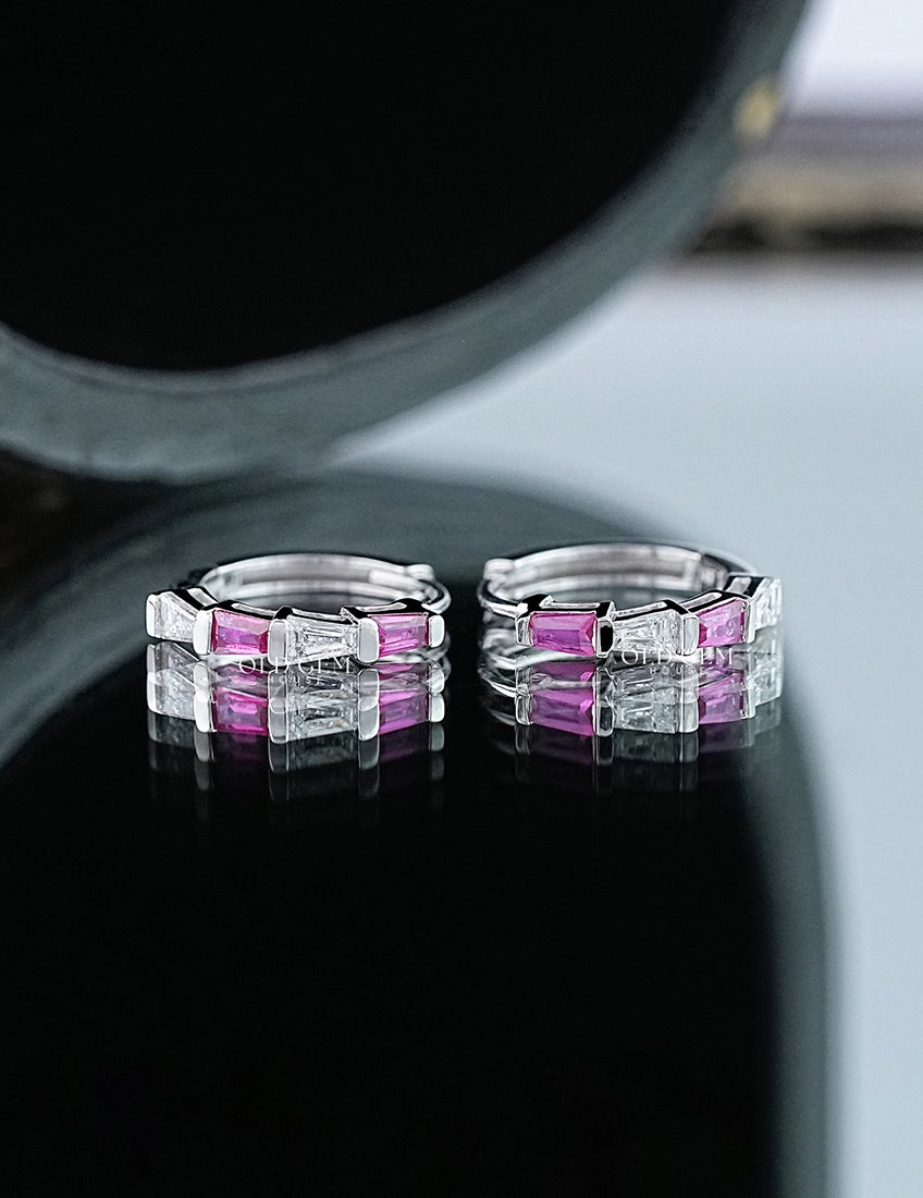 Tapped Baguette Cut Pink Gemstone And Lab Diamond Huggie Hoop Earrings