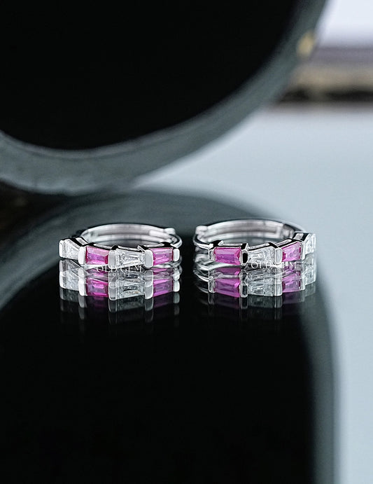Tapped Baguette Cut Pink Gemstone And Lab Diamond Huggie Hoop Earrings
