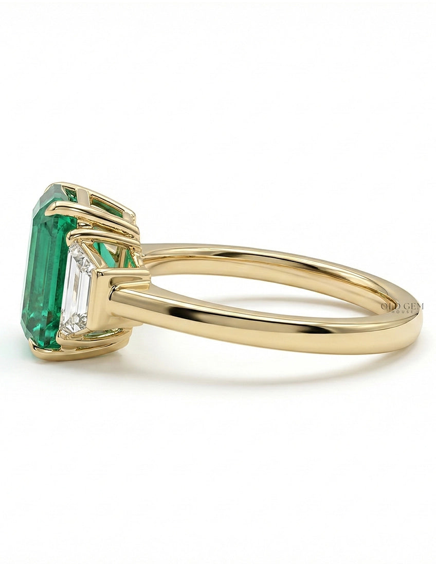 Mid Century Emerald And Trapezoid Diamond Three Stone Ring Engagement Ring