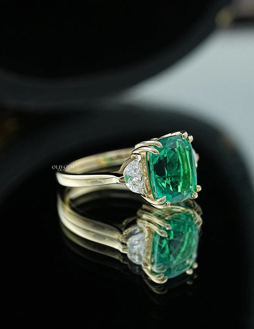Art Deco Emerald Cushion Cut Diamond Three Stone Ring