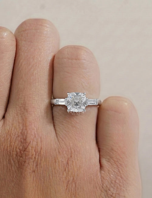 Art Deco Old Mine Cut Three Stone Engagement Ring