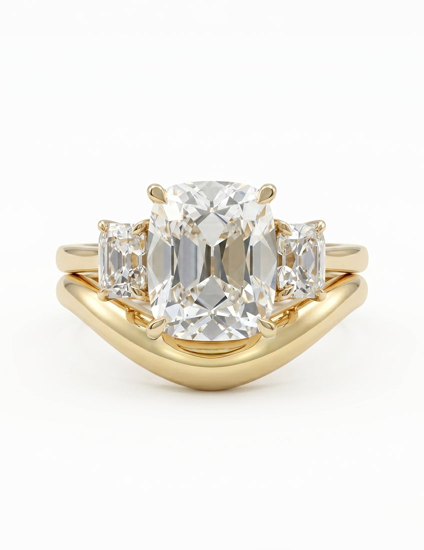 Georgian Old Mine Cushion Trilogy Diamond Curved Ring Set Engagement Ring