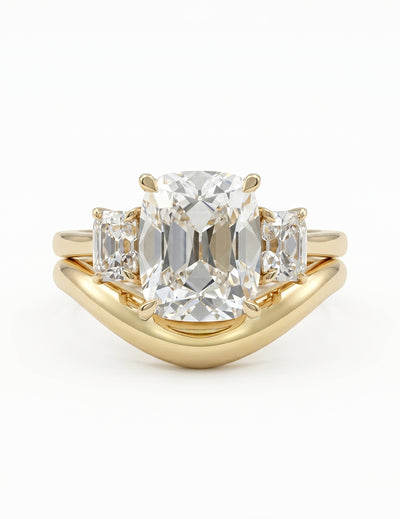 Georgian Old Mine Cushion Trilogy Diamond Curved Ring Set