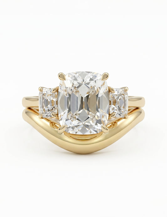 Georgian Old Mine Cushion Trilogy Diamond Curved Ring Set Engagement Ring