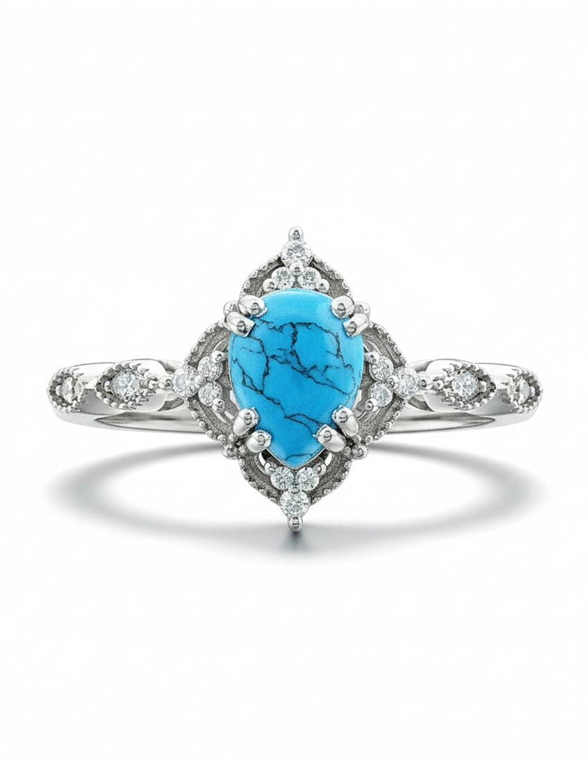 Floral Victorian Turquoise Pear Gemstone Ring Engagement Ring