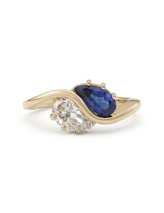 Two Stone Sapphire Modified Pear Gemstone Curved Ring