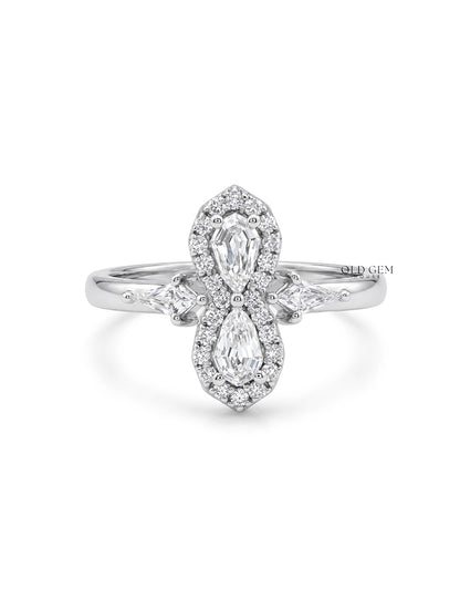 Edwardian Step Cut Pear Two Stone Halo Engagement Ring Engagement Ring