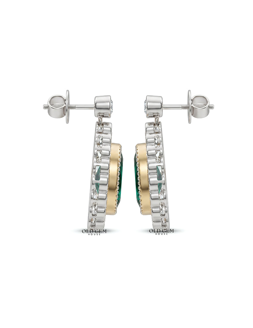 Emerald Pear And Round Diamond Halo Drop Earring Earrings
