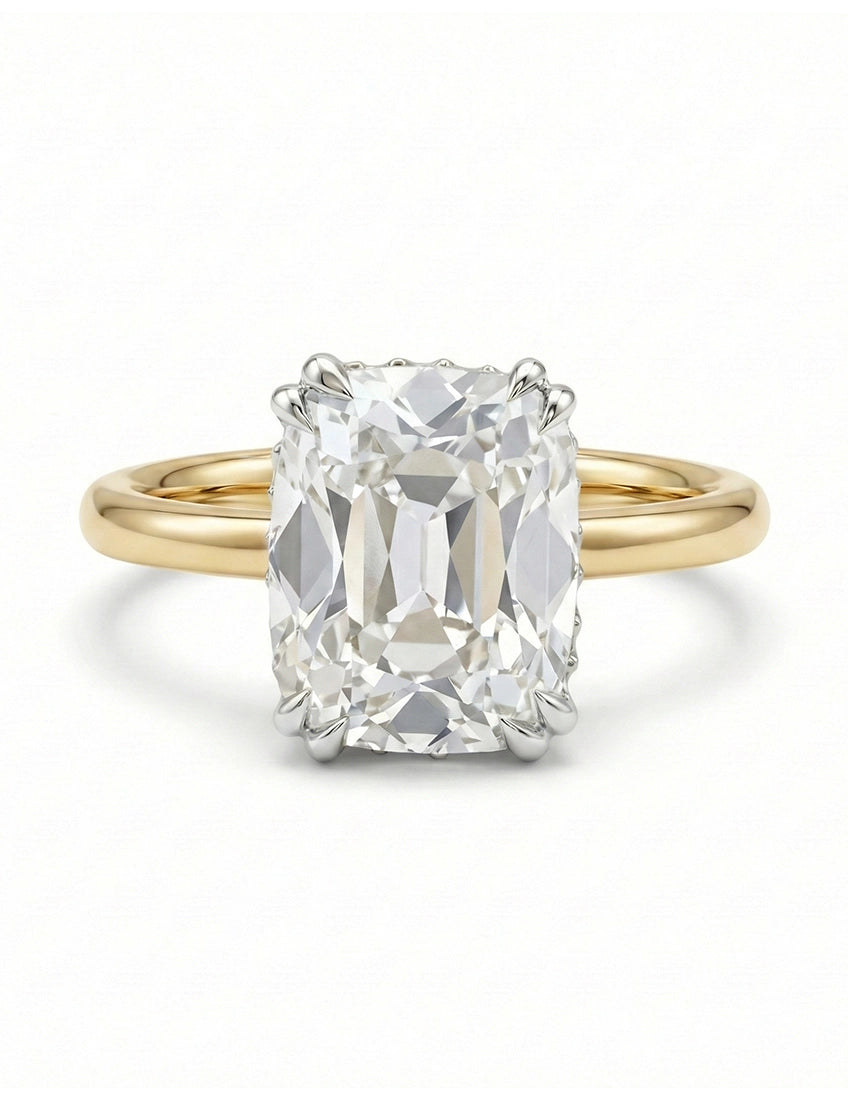 Georgian Old Mine Cushion Cut Two Tone Hidden Halo Ring Engagement Ring