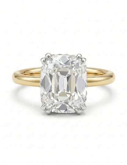 Georgian Old Mine Cushion Cut Two Tone Hidden Halo Ring Engagement Ring