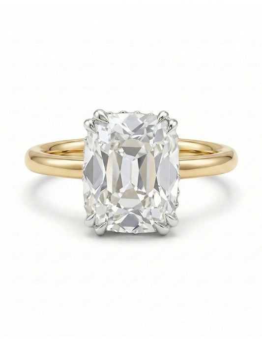 Georgian Old Mine Cushion Cut Two Tone Hidden Halo Ring Engagement Ring