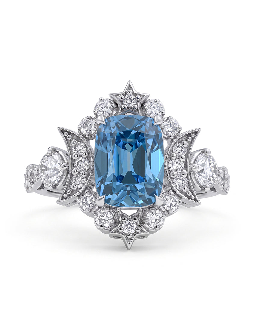Victorian Blue Old Mine Cushion Crescent Moon Vintage Ring Engagement Ring