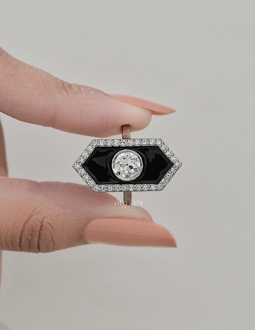 Victorian Style Old European Cut Black Enamel Halo Ring Engagement Ring