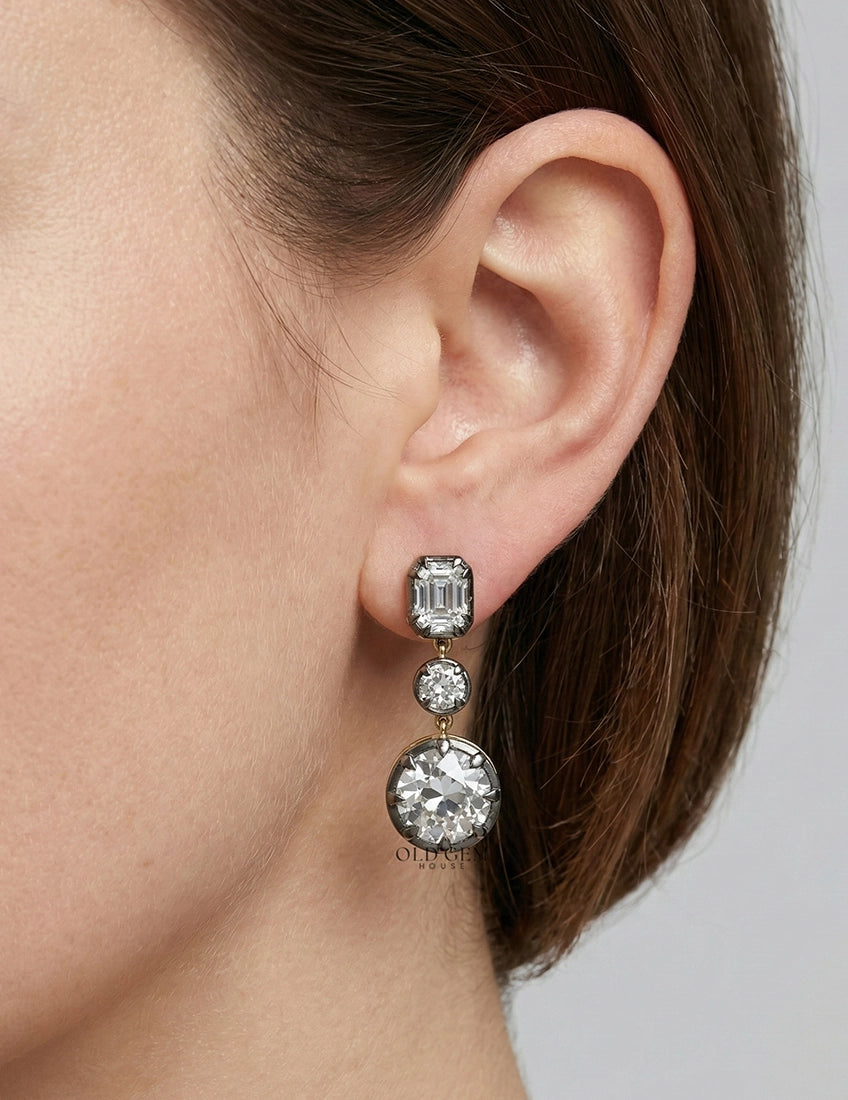 Old European & Asscher Cut Diamond Three Stone Drop Earring Earrings