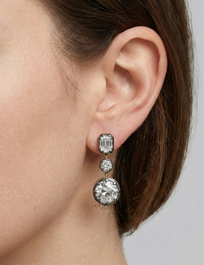 Old European & Asscher Cut Diamond Three Stone Drop Earring Earrings