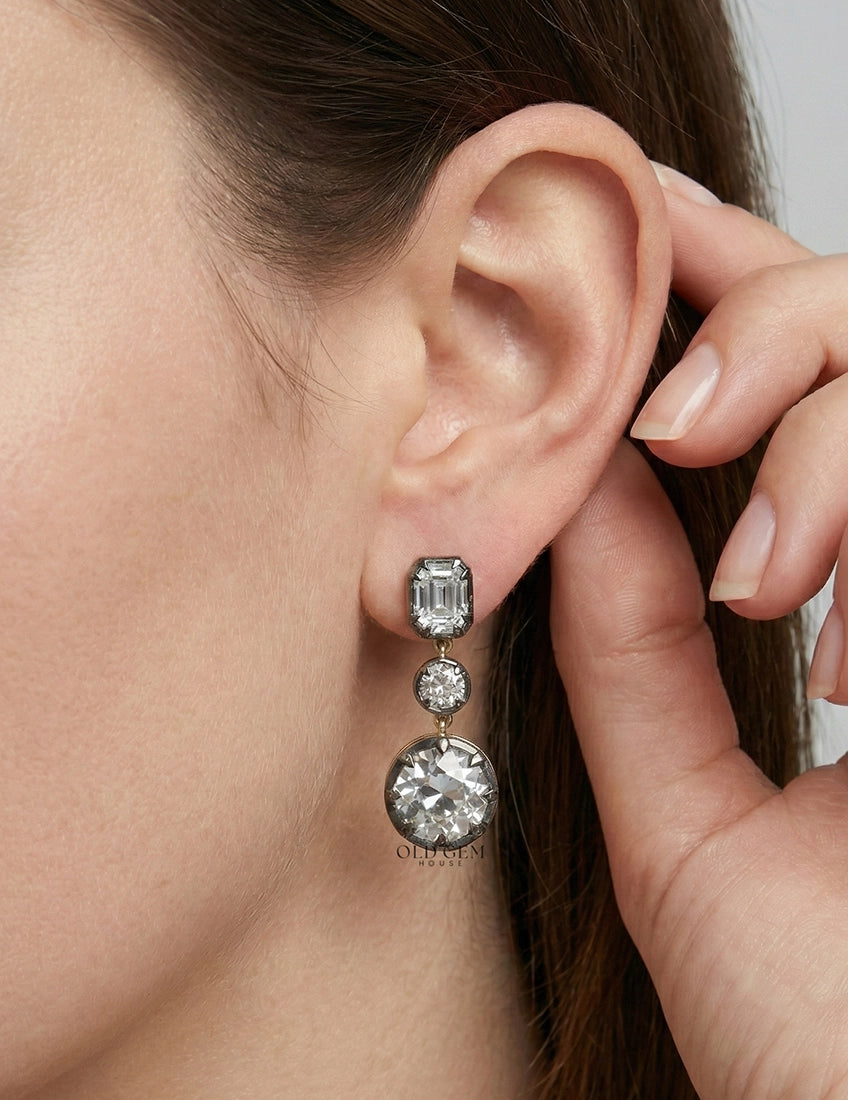 Old European & Asscher Cut Diamond Three Stone Drop Earring Earrings