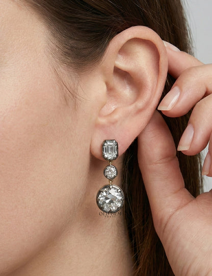 Old European & Asscher Cut Diamond Three Stone Drop Earring Earrings