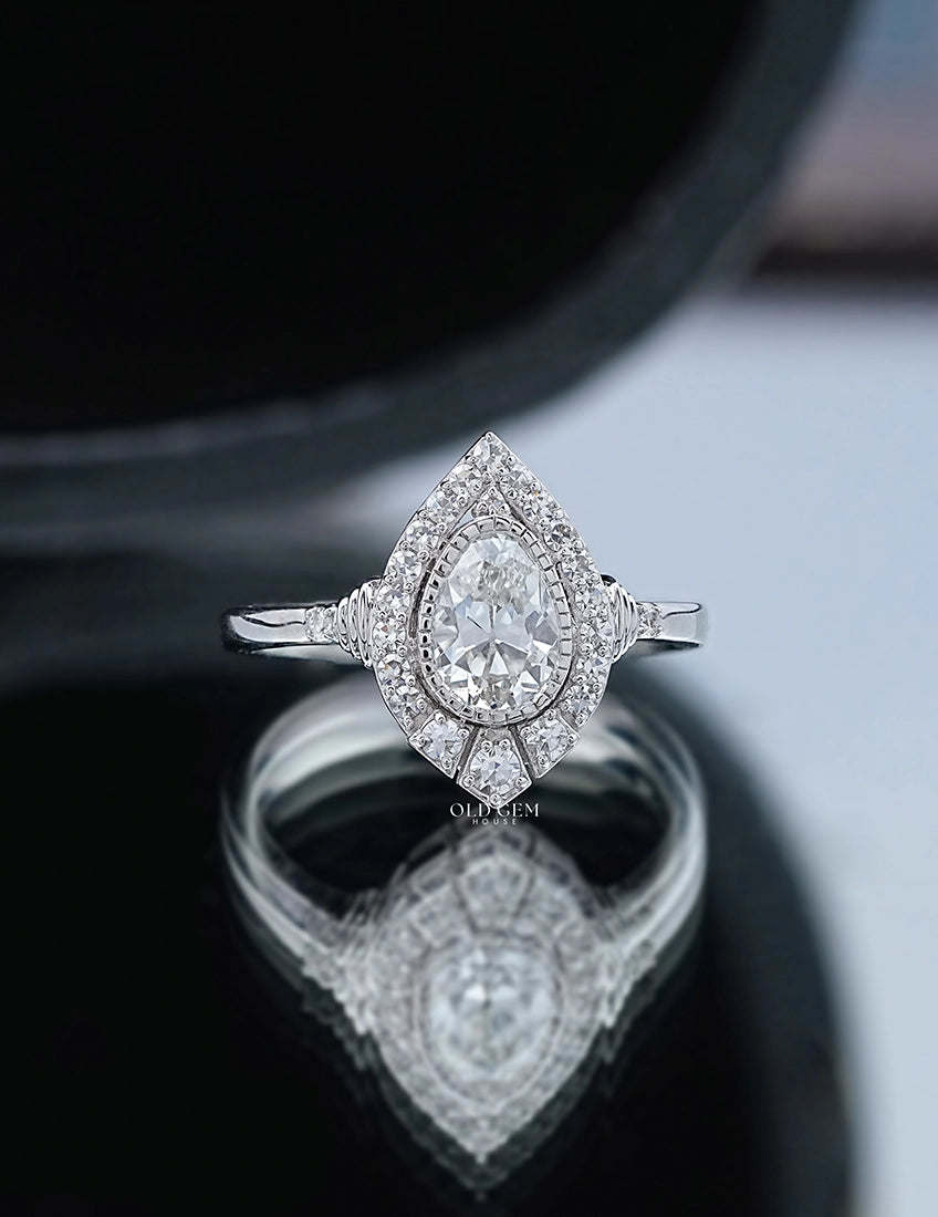 Edwardian Vintage Old Mine Pear Shape Lab Diamond Halo Ring Engagement Ring
