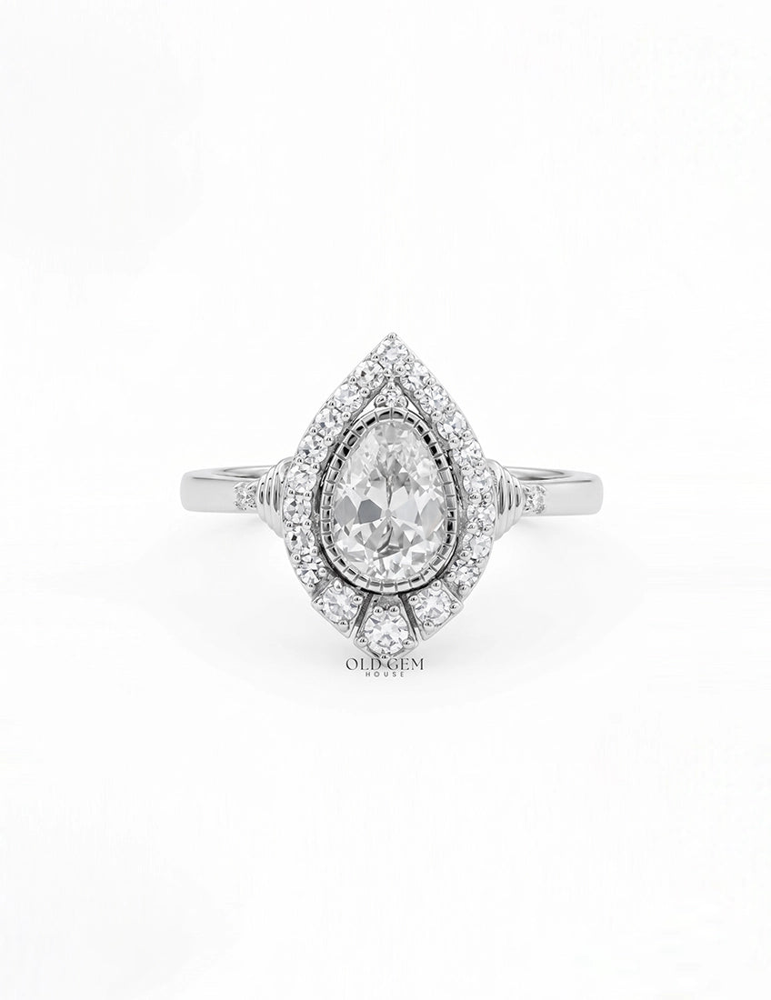 Edwardian Vintage Old Mine Pear Shape Lab Diamond Halo Ring Engagement Ring