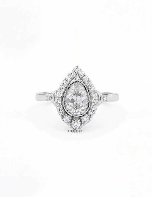 Edwardian Vintage Old Mine Pear Shape Lab Diamond Halo Ring Engagement Ring